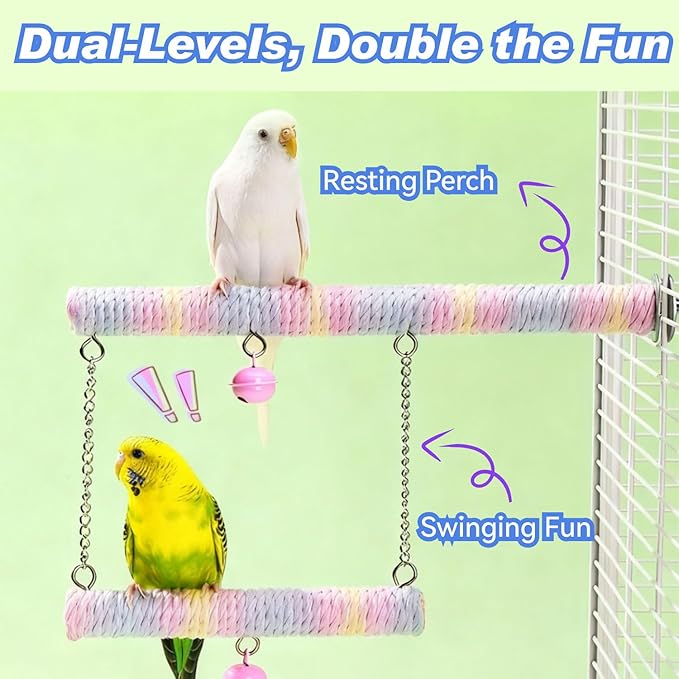 Dual-Layer Bird Swing Perch with Bells Rainbow Cotton Rope Cage Parrots Toys for Parakeet Conure Cockatiel Mynah Love Birds Finches