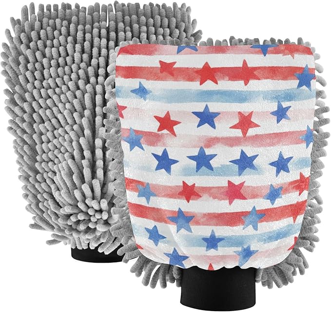 Car Wash Mitt Microfiber Wash Mitts for Car Washing Scratch-Free Cleaning Gloves Soft Non Absorbent Chenille Auto Hand Mitt Medium 2Pack July 4th Stripes Stars White