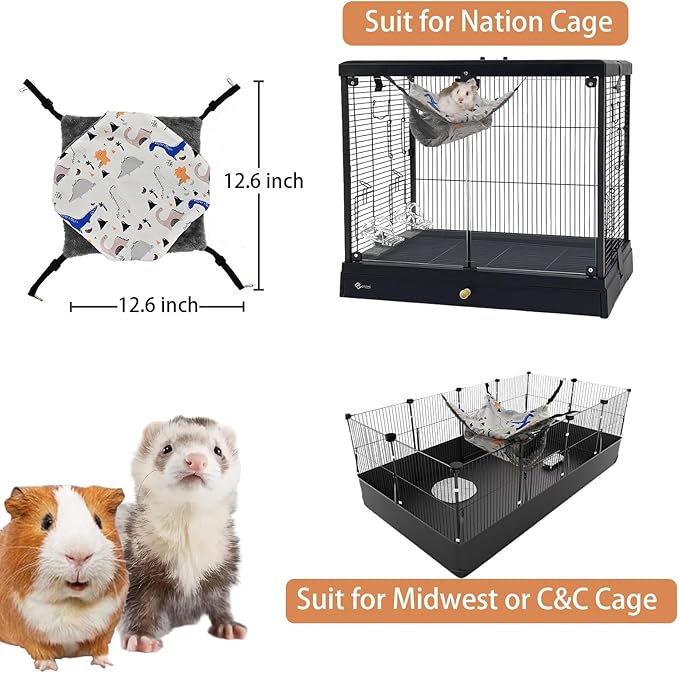 2Pcs Straps are Adjustable Guinea Pig Rat Hanging Warm Plush Hammock Ferret Cage Accessories for Small Animals Chinchilla Sugar Glider Ferret Squirrel (White Dinosaur)