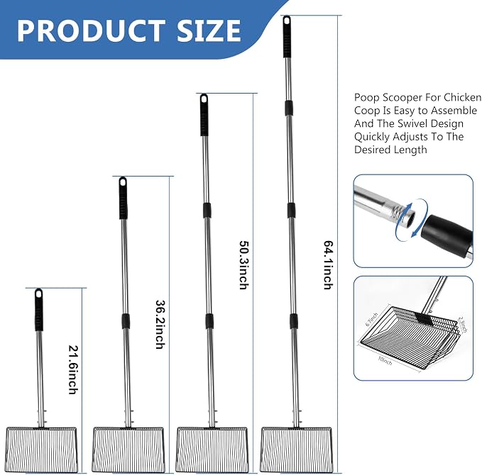 10inch Large Metal Chicken Poop Scooper, Chicken Poop Scooper for Sand with Adjustable Stainless Steel Handle, Chicken Coop Scooper for Sand Suitable for Chicken Coops, Rabbit Coops, Stables, Gardens