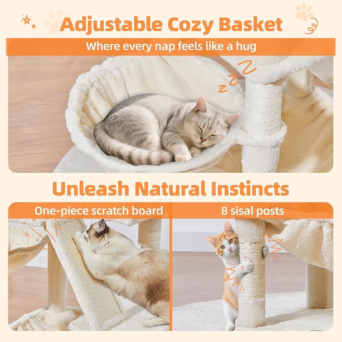 Taoqimiao Cat Tree 57.5-Inch, Cat Tower for Indoor Cats Large Adult, Extra Large Cat Condo, 8 Sisal Scratching Posts, Metal Frame Cozy Hammock, Durable Scratch Board, 2 Top Perches, Beige MS026M