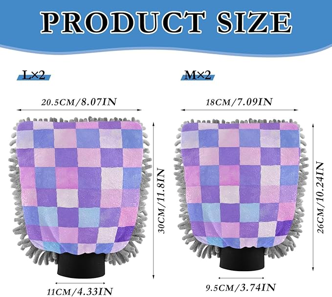 Car Wash Mitt Microfiber Wash Mitts for Car Washing Scratch-Free Cleaning Gloves Soft Non Absorbent Chenille Auto Hand Mitt Large 2Pack Purple Checkered