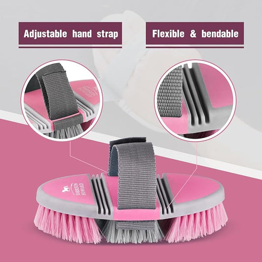 Harrison Howard Flexible Finish Horse Grooming Brush - Bendable, Comfortable Hold, Cherry Pink