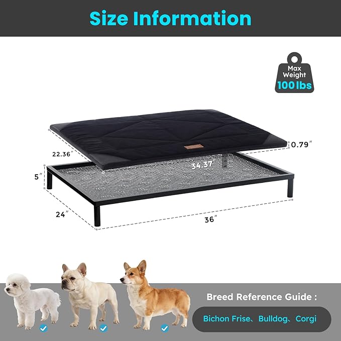 ZOMISIA Chew Proof Elevated Dog Bed for Medium Dogs - Raised Pet Cot with Removable Waterproof Padded for Outdoor Use, Indestructible and Washable, 36" L x 24" W x 5" H, Black