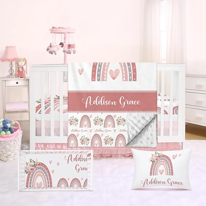 Personalized Crib Bedding Set for Baby Boy Girl, Custom Name Rainbow Design 3 Piece Baby Bedding Set, Including Plush Blanket, Fitted Sheet and Pillowcase for Newborn Nursery Gift