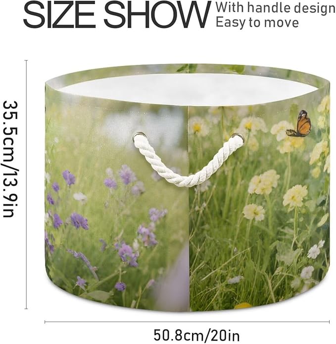 Joyful Corgi Print Round Storage Basket Dog Flower Garden Large Laundry Hamper 20 x 20 x 14 Inches Organizer Bin with Cotton Rope Handles Clothes Storage Bag for Nursery Bedroom Living Room Decor