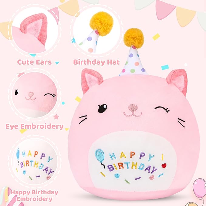 Cute Cat Plush Birthday Gifts for Girls, Soft Cat Plushies Toy Pink Pillow Cat Stuffed Animals Gift for Girlfriend Kids Birthday 8" Cat Stuffed (Small Cat Plush)