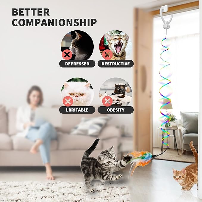 Interactive Cat Toys for Indoor Cats, Automatic Hanging Cat Toys Door Frame & Doorway, with Feather Mouse String Wand Cat Enrichment Toys, Safe Self Play for Bored Multi Cats Households