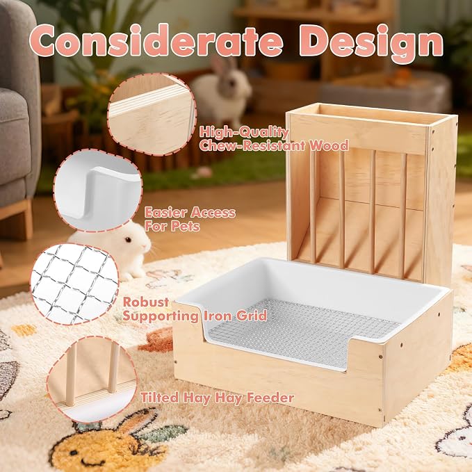 Extra-Large 2-in-1 Rabbit Litter Box & Hay Feeder Set, Wood, Mess Proof, for Guinea Pigs, Chinchillas, Hamsters, and Rabbits