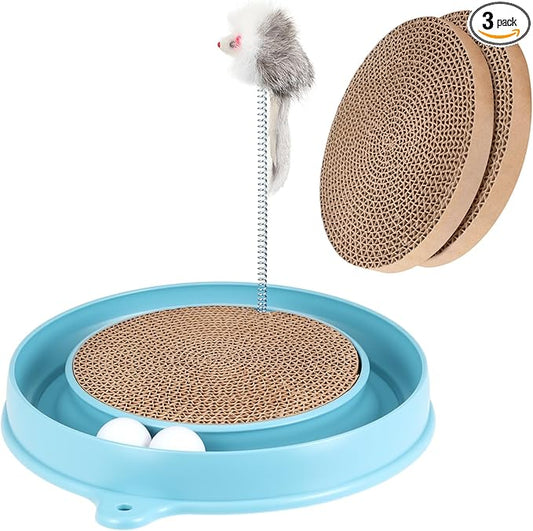 AceOrbit 3 Pcs Cat Ball Track Toy, Include 1 Round Cat Scratcher Toy with 2 Cats Scratching Board Pad Replacement, Interactive Toys Track and Plush Mouse Toys for Indoor Cats Kitten