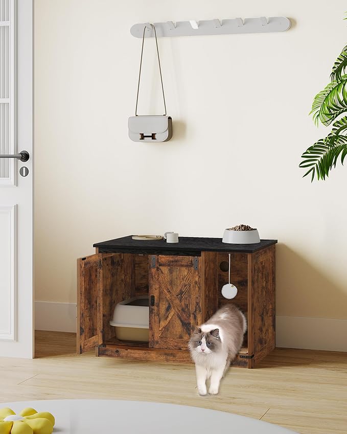 Hzuaneri Cat Litter Box Enclosure, Hidden Litter Box Cabinet Furniture with Bell, Indoor Cats House, Farmhouse Style, 31.5 x 19.7 x 20.9Inches, for Hallway, Bedroom, Rustic Brown and Black CB82401X