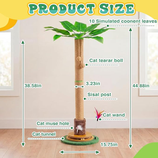Nuanchu 45in Tall Cat Scratching Post for Indoor Cats Adults, Scratcher Tree Tower with Sisal Rope, Large Cats Scratching Posts with Hanging Ball for Kittens and Medium Large Pet