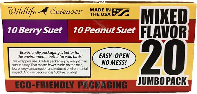 Wildlife Sciences Suet Cake Jumbo Mixed 20 Pack | 10 Peanut & 10 Berry 10.5 oz. Suet Cakes for Wild Birds
