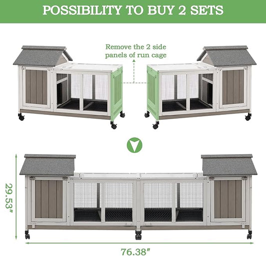 Gowoodhut 76.38"L Rabbit Hutch Indoor and Outdoor with 8 Wheels,Wooden Rabbit Cage with Pull Out Leak-Proof Tray for 2-4 Rabbits,Bunny Hutch with Asphalt Roof Suitable for Garden,Park,Living Room,Grey