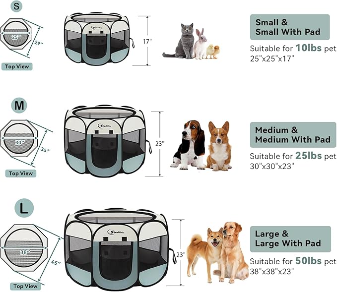 Siedihit Dog Playpen, Puppy Pet Playpen, Medium Dogs Tent Crates Cage Indoor/Outdoor, Portable Pop Up Dog Kennel Playpen with Carrying Case for Dogs/Cats/Rabbits, Removable Zipper Top, Grey