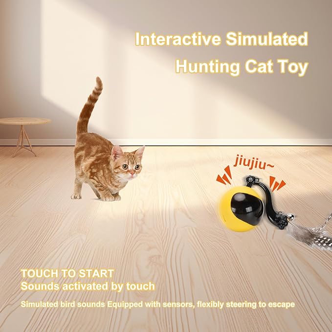 Interactive Remote Control Cat Toy with Sound & Light Locator, Hidden Rolling Ball Under Playmat, Bird Chirp & LED, Touch-Activated, USB Rechargeable Indoor Hunting Toy Blue+Yellow