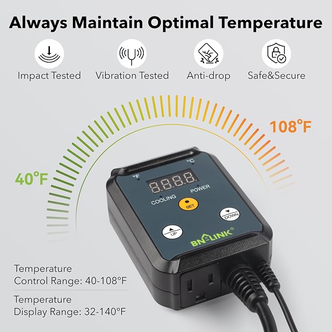 BN-LINK Digital Cooling Thermostat Controller, Temperature Controlled Outlet for Attic Fan, Exhaust Fan, Cooling Devices 40-108°F, 8.3A 1000W, ETL Listed