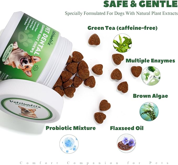 Dog Dental Chews, Dog Teeth Cleaning Soft Chews for Fresh Breath, Plaque & Tartar Control, Dental Care for Dogs with Natural Enzymes and Probiotics