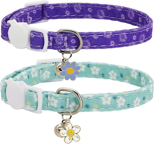 Cat Collars for Girl Cats & Boys, 2 Pack Soft Cotton Breakaway Collar with Removable Bell and Cute Charms, Adjustable Safety Pet Necklace, Flower
