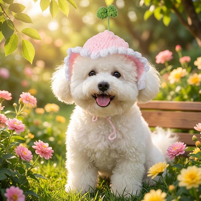 2PCS Cat Hats Cute Flower Crochet Hats for Cats Small Pets Birthday Party Christmas Halloween Easter Travel Accessories Puppy Hat (Pink, Yellow)