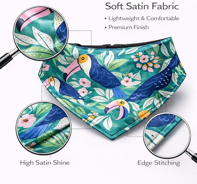 Luxury Satin Dog Bandana – Slip-On Collar Style, Premium Pet Scarf for Medium, Large & XL Dogs – Special Occasion Accessory (Collar Not Included) (Medium - Extra Large, Toucan (O) Luxe - Satin)