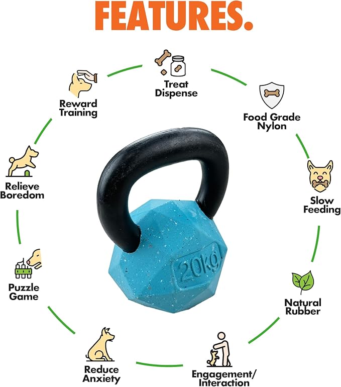 Max Fusion Made with Nike Grind, Arlee Kettlebell Treat Dispensing Dog Toy, Durable Blue Dog Treat Toy, Treat Dispenser Toys, Natural Rubber Chew Toy, Large, 1 Count