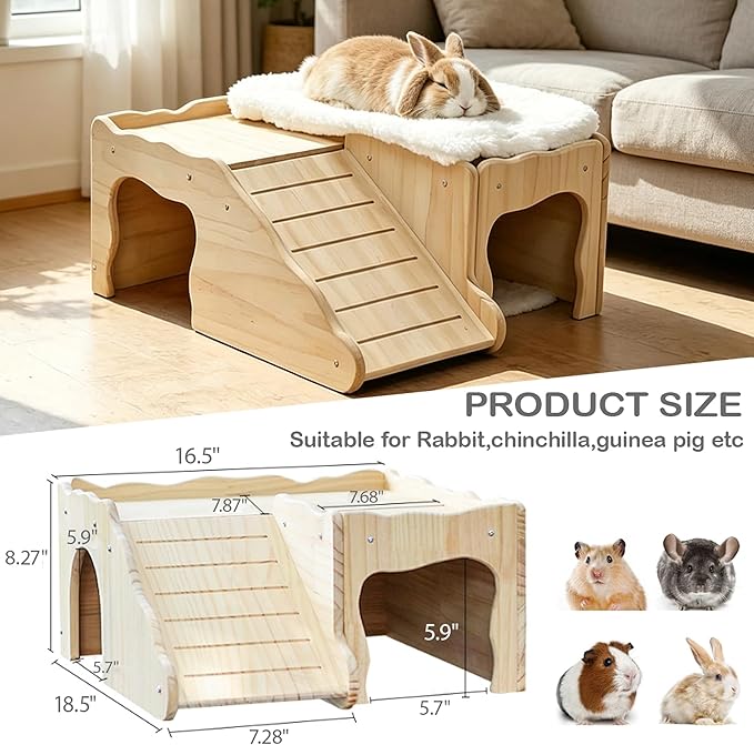 Large Rabbit Hideout Thicken Hard Wooden Bunny House Castle Climbing Tower Detachable Playhouse Ventilated Guinea Pig Wooden Hideout for Hamster Chinchilla (Slide Style)