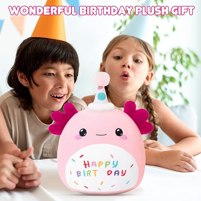 SQEQE Happy Birthday Axolotl Plush Axolotl Stuffed Animal Toy Pink Birthday Plushies Home Decor for Girls Boys Kids (8Inch)