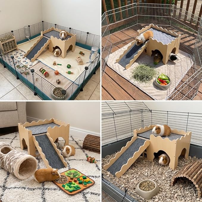 Wooden Guinea Pig Hideout Cave House, Guinea Pig Castle with Natural Cave-Style Entrance, Large Small Animal Habitat with Stairs, Waterproof Liner, Easy Assembly for Guinea Pigs, Rabbits & Hamsters