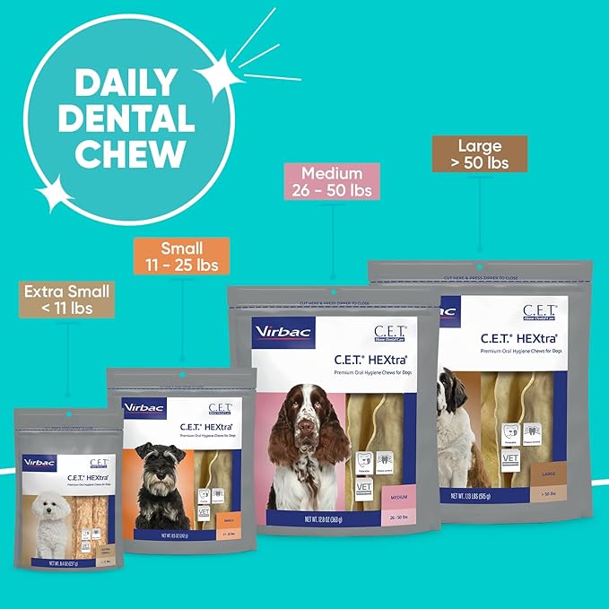 Virbac C.E.T.® HEXTRA® Premium Oral Hygiene Chews for Dogs, Rawhide Coated to Fight Bacteria and Reduce Plaque and Tartar, 11-25 lbs