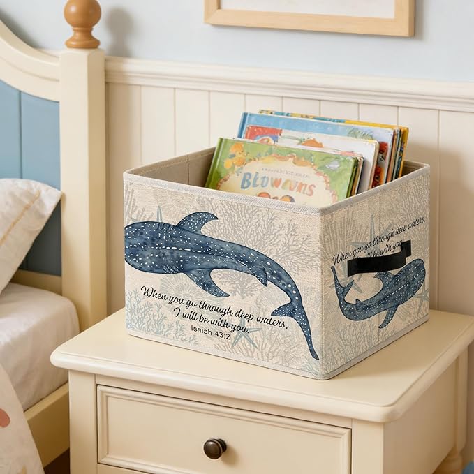 Ocean Whale Shark Christian Storage Bins, Coastal Isaiah 43:2 Bible Verses Foldable Closet Organizers Storage Basket Toybox for Clothes Bed Sheets Blankets Toys