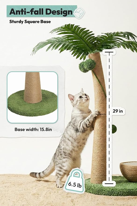 33" Tall Cat Scratching Post, Natural Jute Cat Scratcher for Indoor Cats,Coconut Tree & Straw Design with Hanging Toy Ball & Rest Platform,Stable Furniture Protector for Kittens & Adult Cats,M
