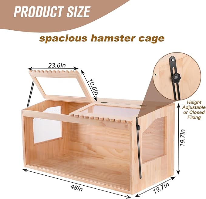 Wooden Hamster Cage,48"x20"Large Hamster Cage,2 Washable Liners & 2 Adjustable Ventilation Window. Small Animal Cage for Dwarf Syrian Hamsters Degus Mice & Other Small Pets.