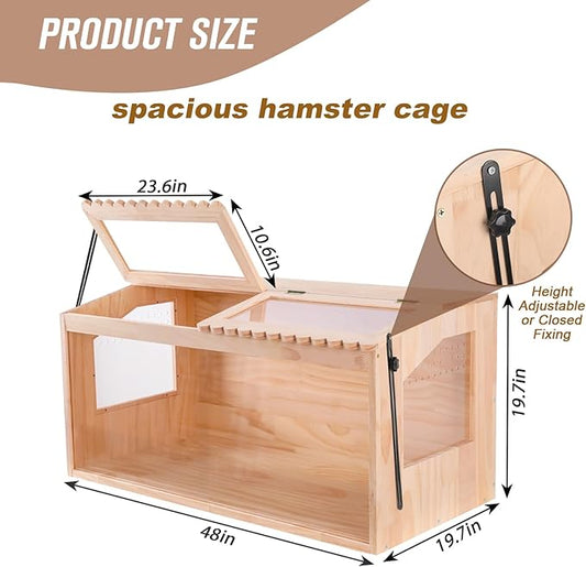 Wooden Hamster Cage,48"x20"Large Hamster Cage,2 Washable Liners & 2 Adjustable Ventilation Window. Small Animal Cage for Dwarf Syrian Hamsters Degus Mice & Other Small Pets.