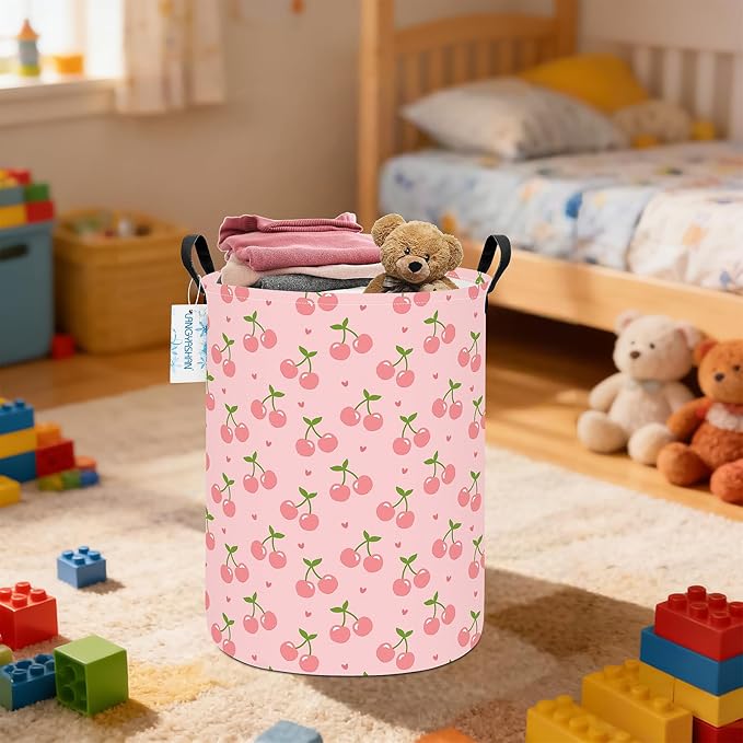 Laundry Basket Canvas Fabric Collapsible Organizer Basket for Storage Bin Toy Bins Gift Baskets Bedroom Clothes Children Nursery Hamper (Pink Cherry)