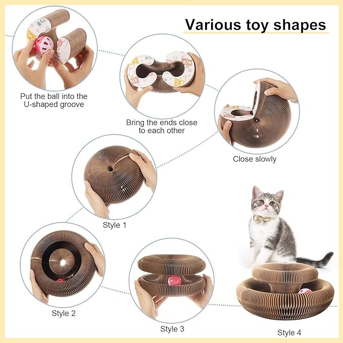 3PC Kitty Curls Cat Toy,Magic Organ Cat Toy,Cat Scratcher for Grinding Claw Cardboard Cat Toys,Interactive Scratch Pad with Toy Ball,Durable Eco-Friendly Ring for Play, Chase & Scratch