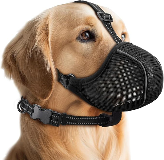 Dog Muzzle - Soft Breathable Mesh Nylon Adjustable Muzzle for Small Medium Large Dogs Prevents Chewing,Biting & Scavenging | Allows Panting, Drinking & Grooming | Secure Collar Strap Design(Black XL)