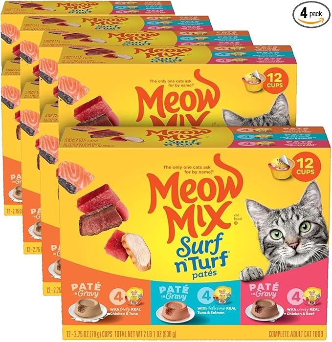 Meow Mix Paté in Gravy Wet Cat Food Variety Pack, Surf n’ Turf Patés 2.75 Ounce (Pack of 48)