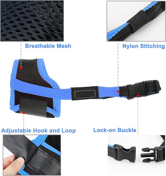 LUCKYPAW Dog Muzzle Anti Biting Barking and Chewing with Comfortable Mesh Soft Fabric and Adjustable Strap, Suitable for Small, Medium and Large Dogs(Blue Trim,M)