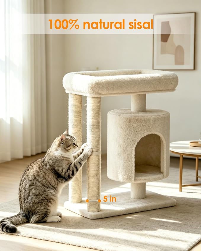 Small Cat Tree, Cat Tree for Large Cats with Perch Bed, Dual Sisal Scratching Posts, Cozy Condos for Indoor Cats Kittens, Beige