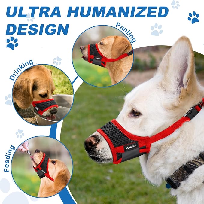 Dog Muzzle, Soft Mesh Nylon Design with Adjustable Neck Strap, Allows Panting and Drinking, for Grooming, Walks, and Scavenging Prevention - Red, Medium