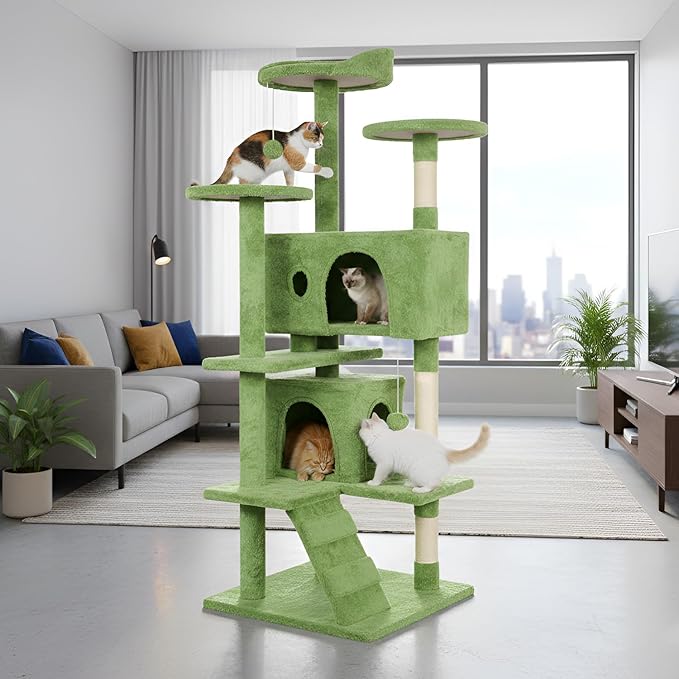PayLessHere Cat Tree 54in Cat Tower with Cat Scratching Post,Multi-Level Cat Condo Stand House Furniture Kitty Activity Center with Furry Ball Toys Cat Tree for Indoor Cats,Green