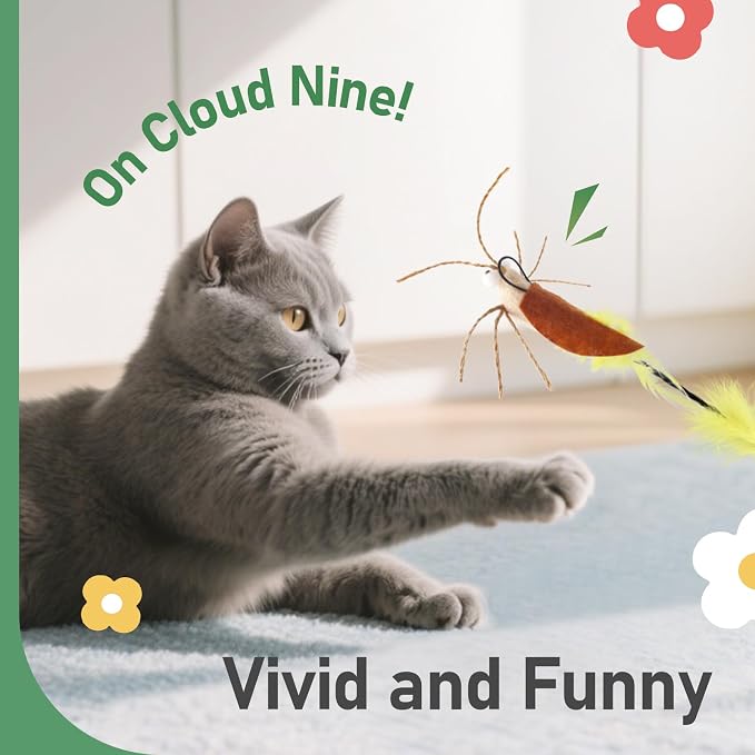 SONGWAY Cat Bug Toy Wand - Cat Teaser Wand Toy with 4 Pcs Cute Insect Feather cat Toy Replacements, Interactive Cat Toys Bug for Indoor Cats Kittens