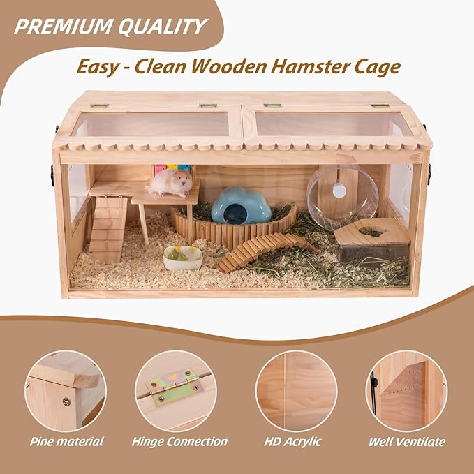 Wooden Hamster Cage,40" Lx20 Wx20 H,Large Hamster Cage,2 Washable Liners & 2 Adjustable Ventilation Window. Small Animal Cage for Dwarf Syrian Hamsters Degus Mice & Other Small Pets.