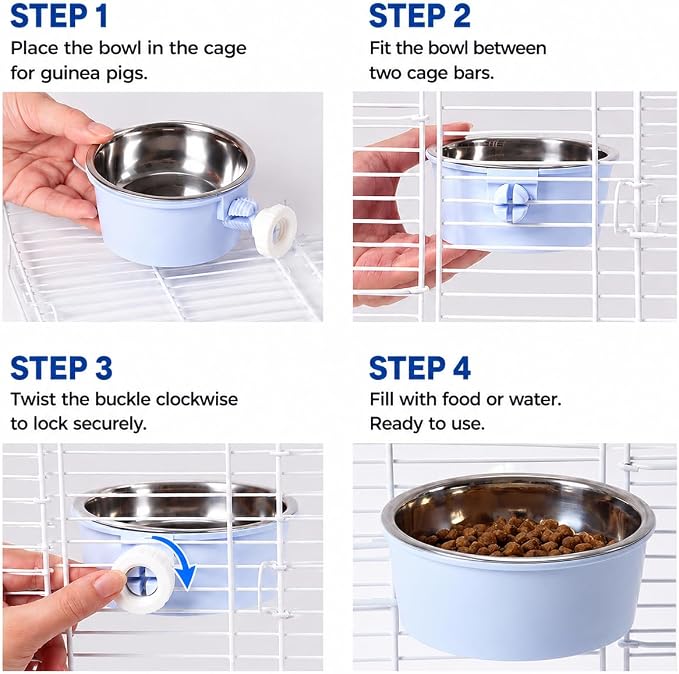 Small Pet Food & Water Bowl Feeder for Hamsters, Guinea Pigs, Rabbits | Secure cage bowl with removable stainless steel insert reduces spills, saves space, convenient daily feeding