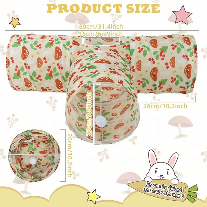 BWOGUE Bunny Tunnels & Tubes Collapsible 3 Way Bunny Hideout Small Animal Activity Tunnel Toys for Dwarf Rabbits Guinea Pigs Kitty