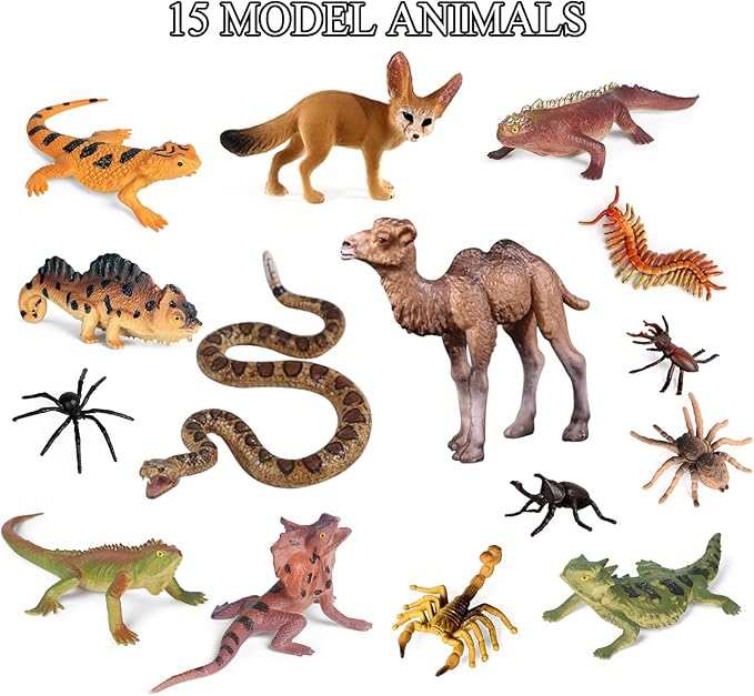 SIENON 32Pcs Desert Animal Figures Playset Model Trees Cactus Kit Diorama Project with Camel Fennec Fox Rattlesnake Scorpion Lizard Reptile Toy for Kids Birthday Cake Toppers Party Decorations
