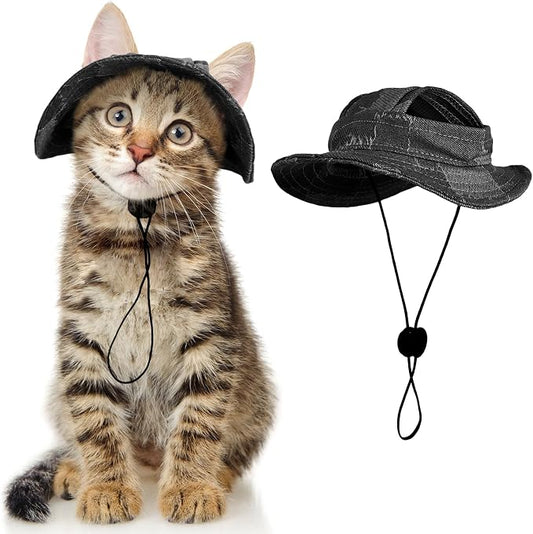 DENTRUN Cat Bucket Hat with Ear Hole, Cotton Birthday Bonnet for Small Pets | Breathable cotton, Adjustable Secures fit, For birthday Party, For small cats, daily cute photos