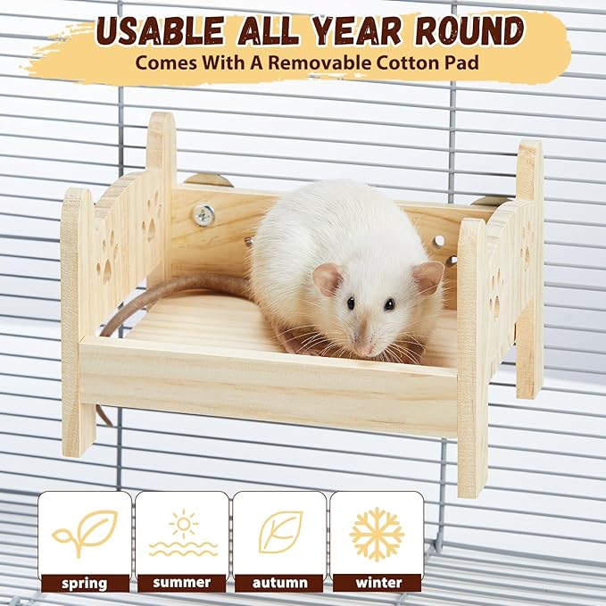 Wooden Rat Bed, Rat Hammock for Cage Chew Proof, Pet Rats Cage Accessories Hanging Bed, Safe and Cozy Rodent Hammock with Removable Nest Mat for Small Animal Hamsters Mice Sleeping