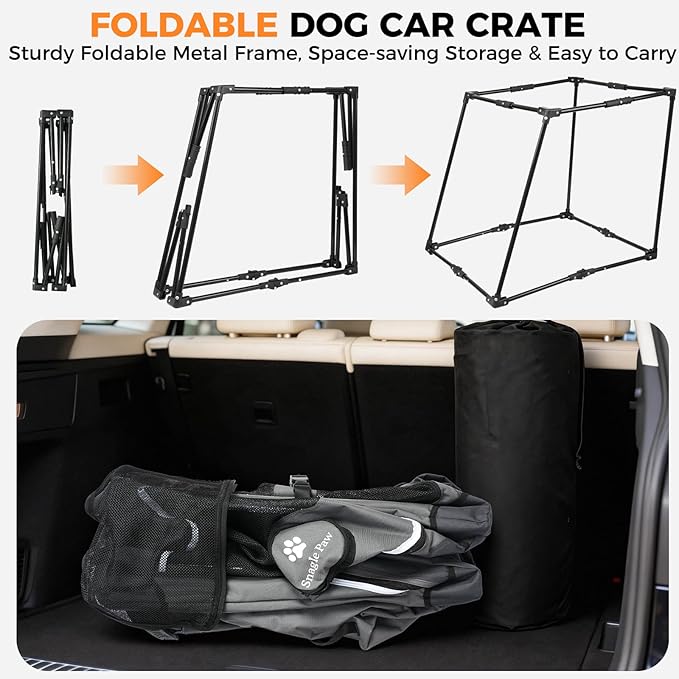Snagle Paw Portable Dog Crate for Car Travel,Metal Frame Pet Crate,Pet Carrier for Car Back Seat Secures with Headrest Strap and Seatbelt,L,Gray